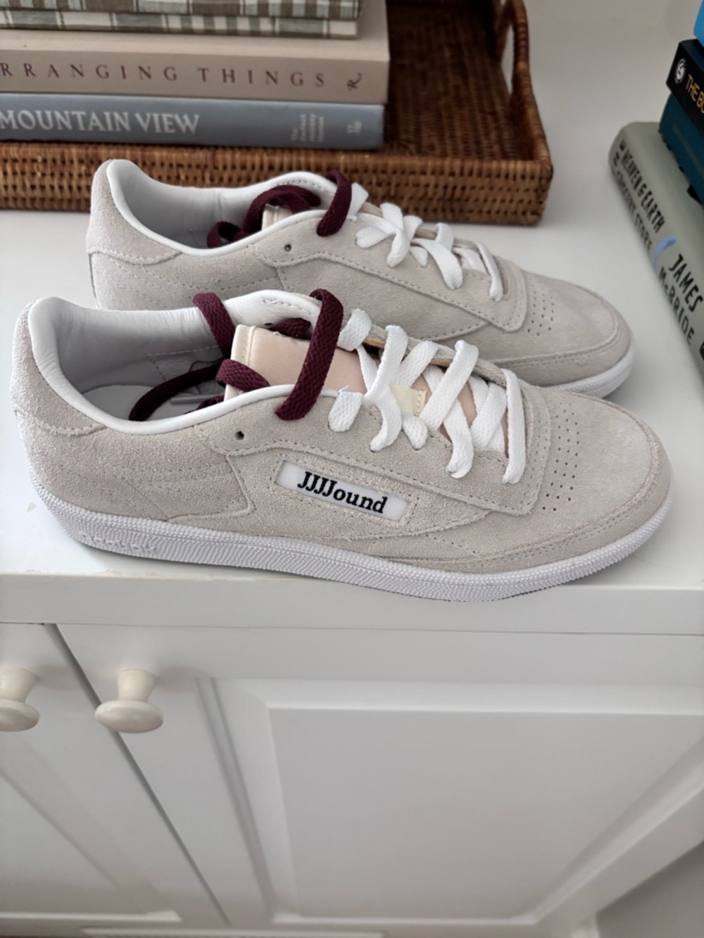 Reebok JJJound Suede Sneakers in Off-White with Burgundy Accents